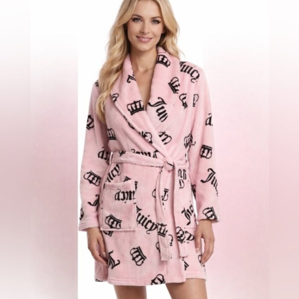 Juicy Couture Plush Crown Robe Playful Pink Logo Callout Indie Glam Cozy  Sz S/M